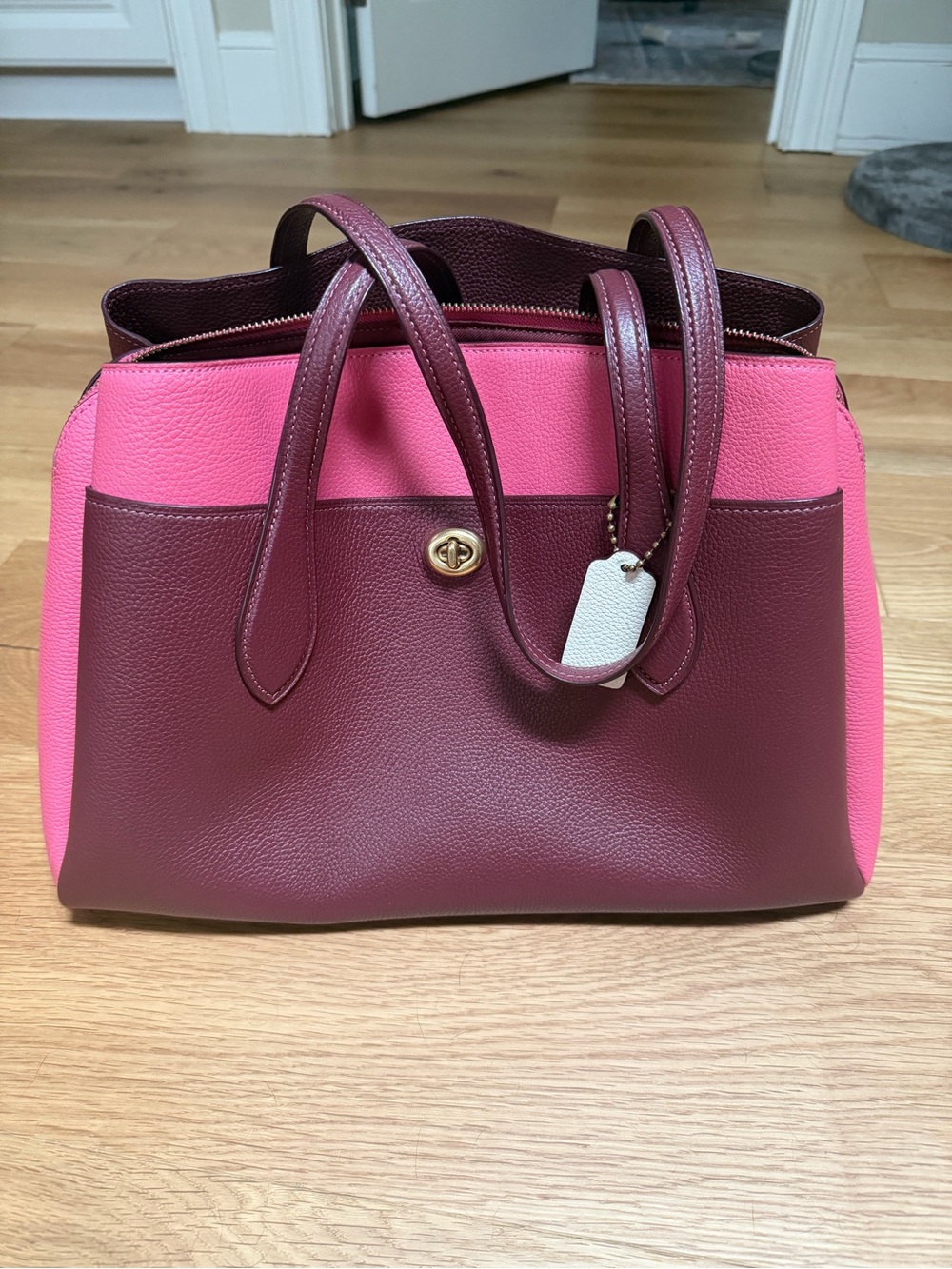 Coach Two-Tone Pink & Wine Leather Tote Bag